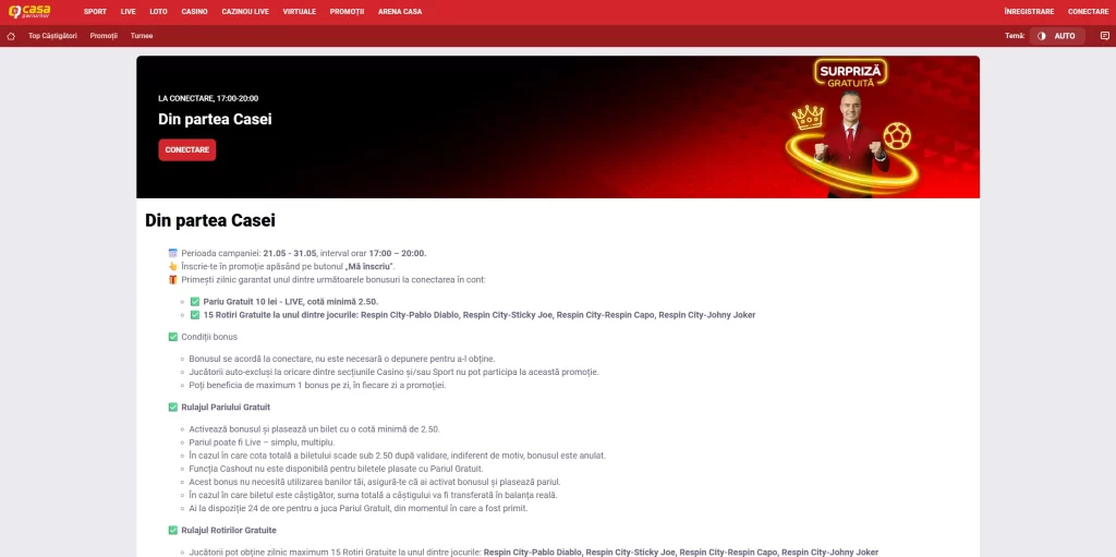 Bonus Casa Pariurilor până pe 31 mai câștigi rotiri gratuite sau freebet