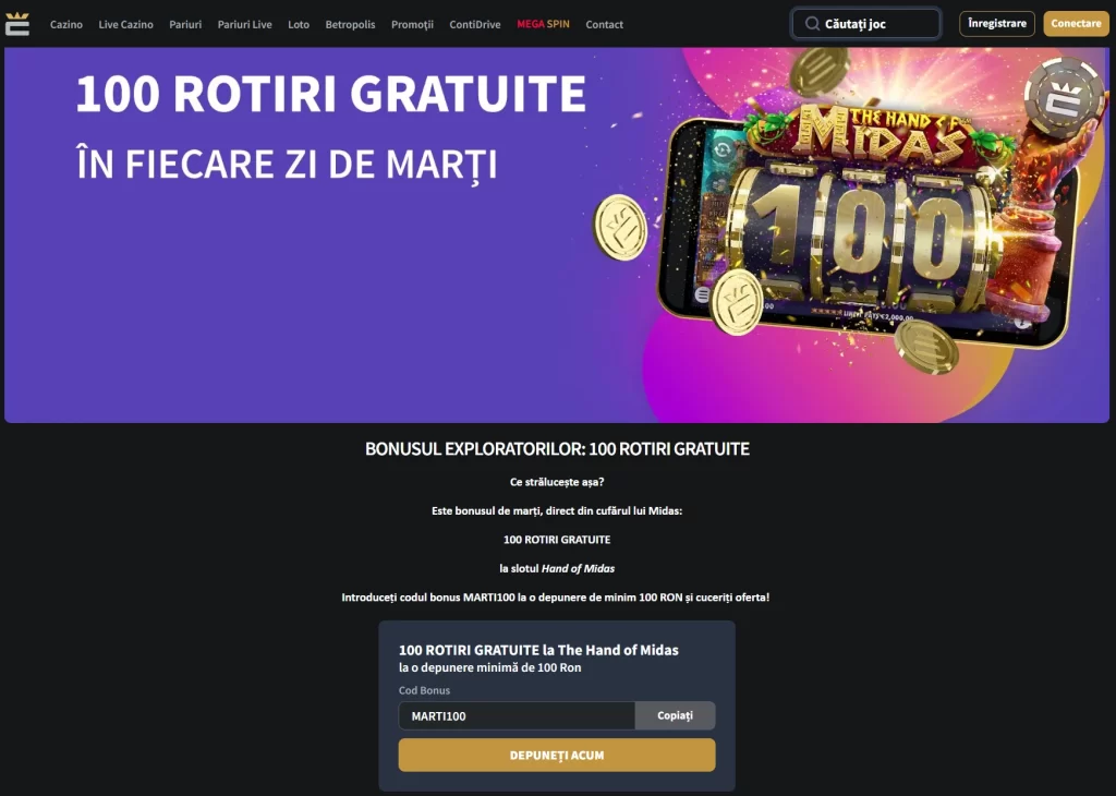 Încasezi în fiecare marți 100 de rotiri gratuite la Conti Cazino