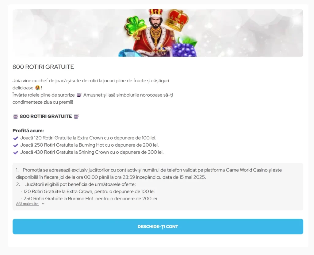 Joi ești răsplătit cu până la 800 de rotiri gratuite la Game World