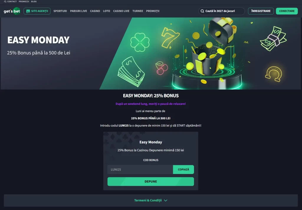 Obține la Easy Monday Gets Bet 25% bonus până la 500 RON