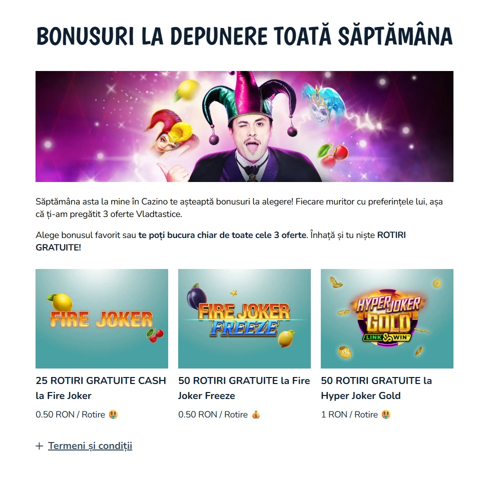 Până duminică poți obține până la 125 de rotiri gratuite la Vlad Cazino