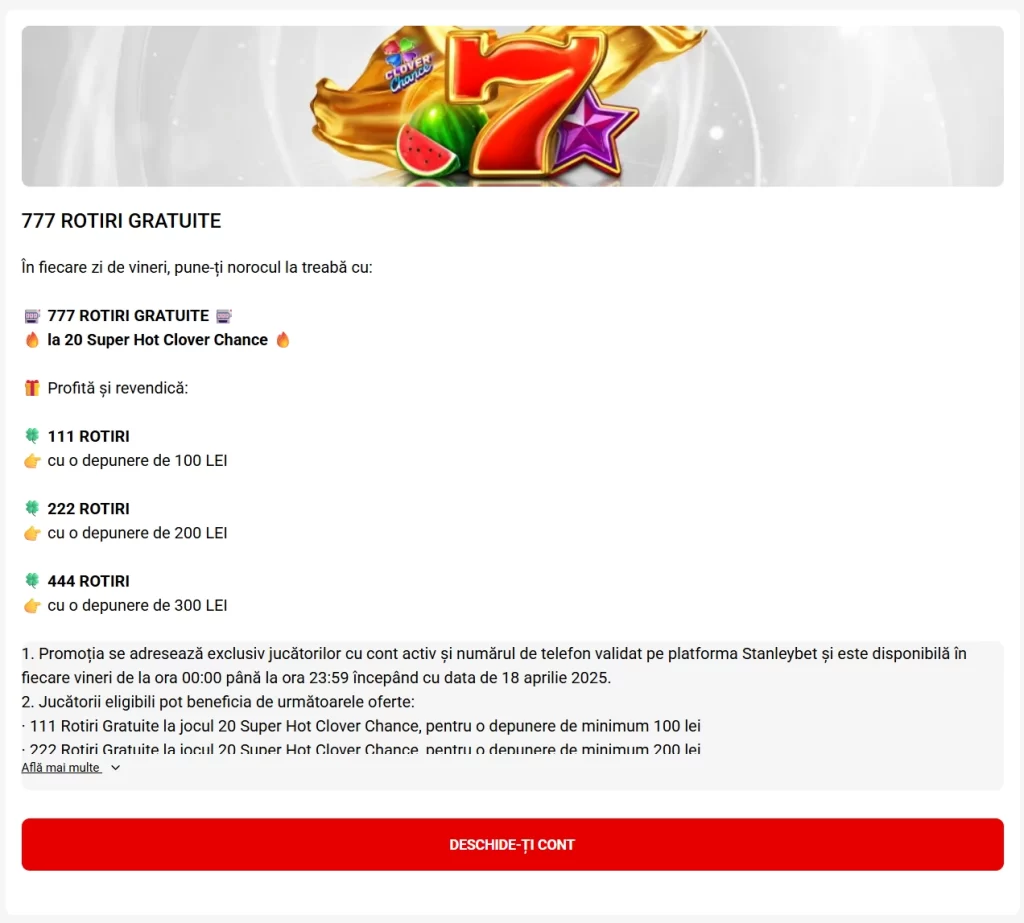 Te așteaptă până la 777 de rotiri gratuite la Stanleybet în ziua de vineri