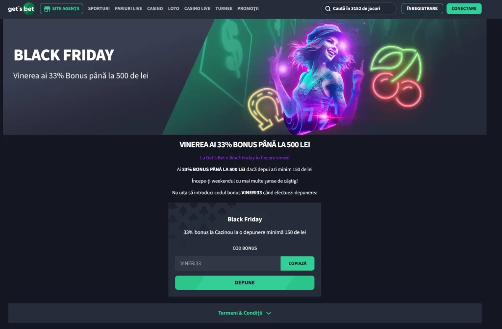Vineri ești răsfățat cu Black Friday Gets Bet: 33% bonus până la 500 RON