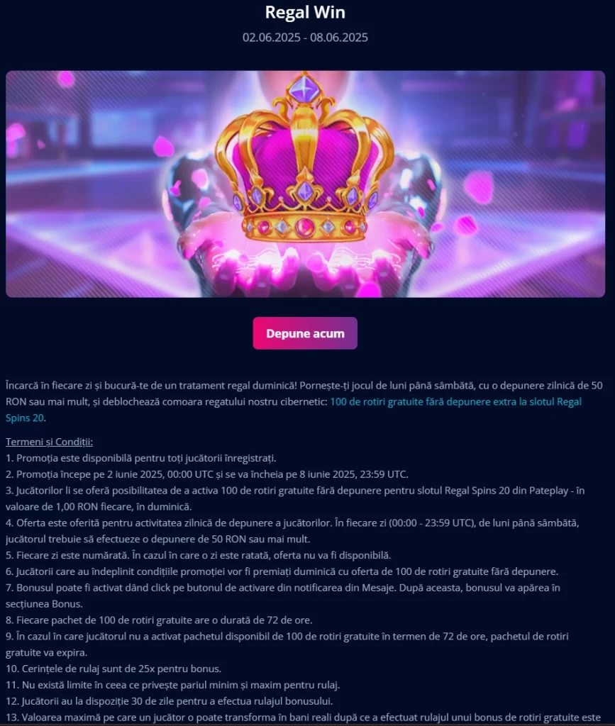 Câștigă 100 de rotiri gratuite fără depunere la Regal Win Mr Bit