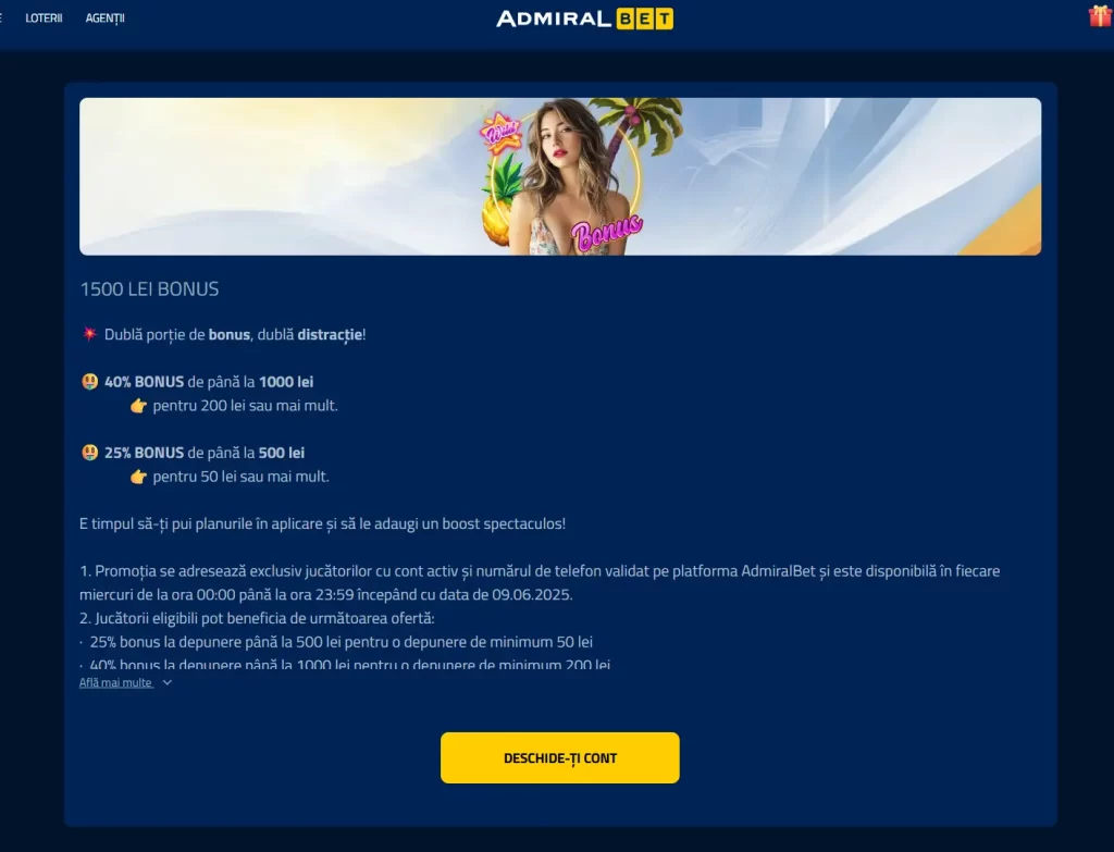 Încasează în zilele de miercuri un bonus Admiral Bet de până la 1.500 RON