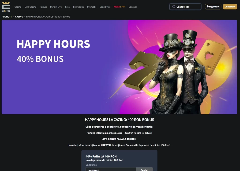 Joi primești 40% bonus în casino cu Happy Hours Conti Cazino