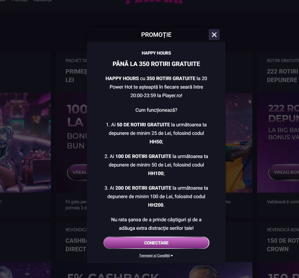 Obține până la 350 de rotiri gratuite în promoția Happy Hours Player Casino