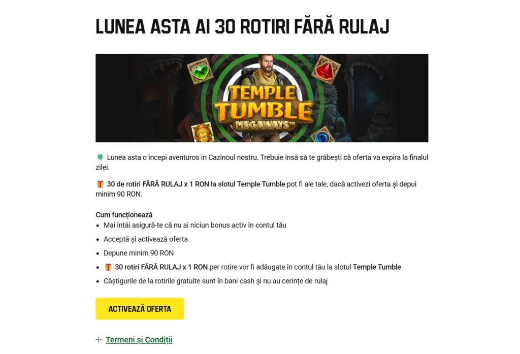 Cum primesc cele 30 rotiri gratuite fără rulaj la Unibet Casino