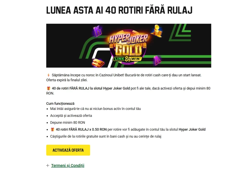 Cum revendici 40 de rotiri gratuite fără rulaj la Unibet pe 21 iulie