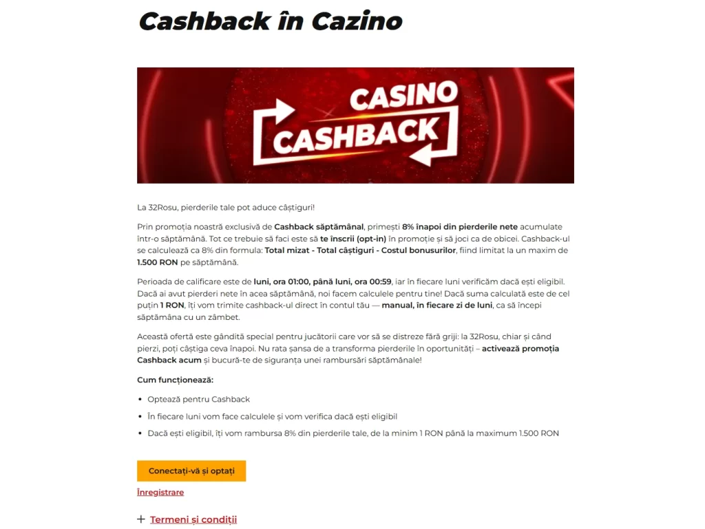 Cum revendici până la 8% cashback săptămânal la 32Roșu Casino