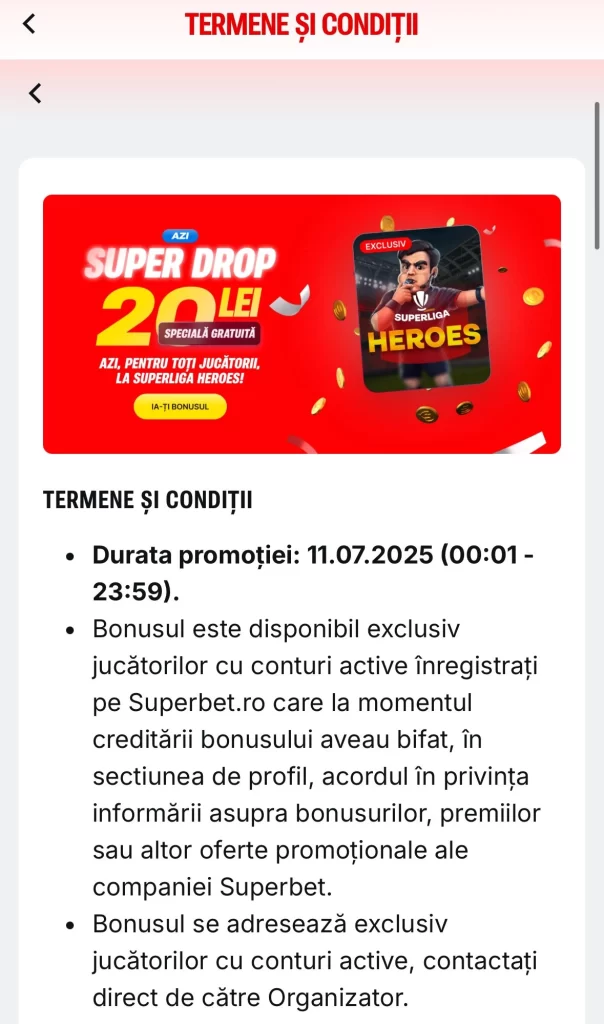 Doar pe 11 iulie revendici 20 RON fără depunere la oferta Super Drop Superbet