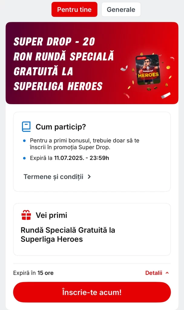 Doar pe 11 iulie revendici 20 RON fără depunere la oferta Super Drop Superbet