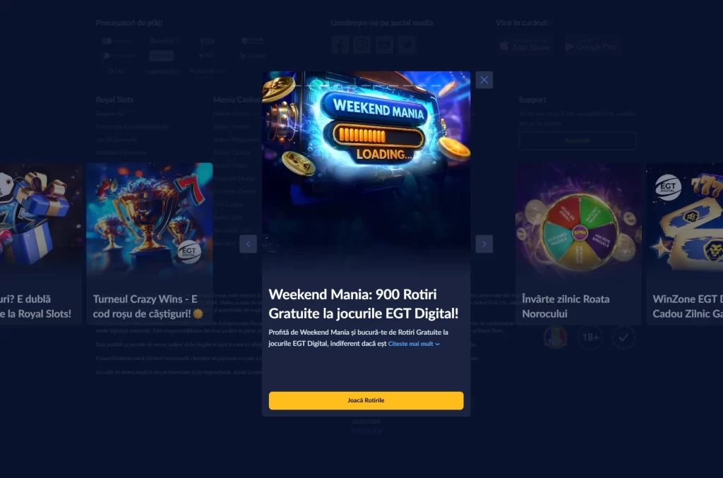 Până pe 13 iulie obții până la 900 de rotiri gratuite la Weekend Mania Royal Slots