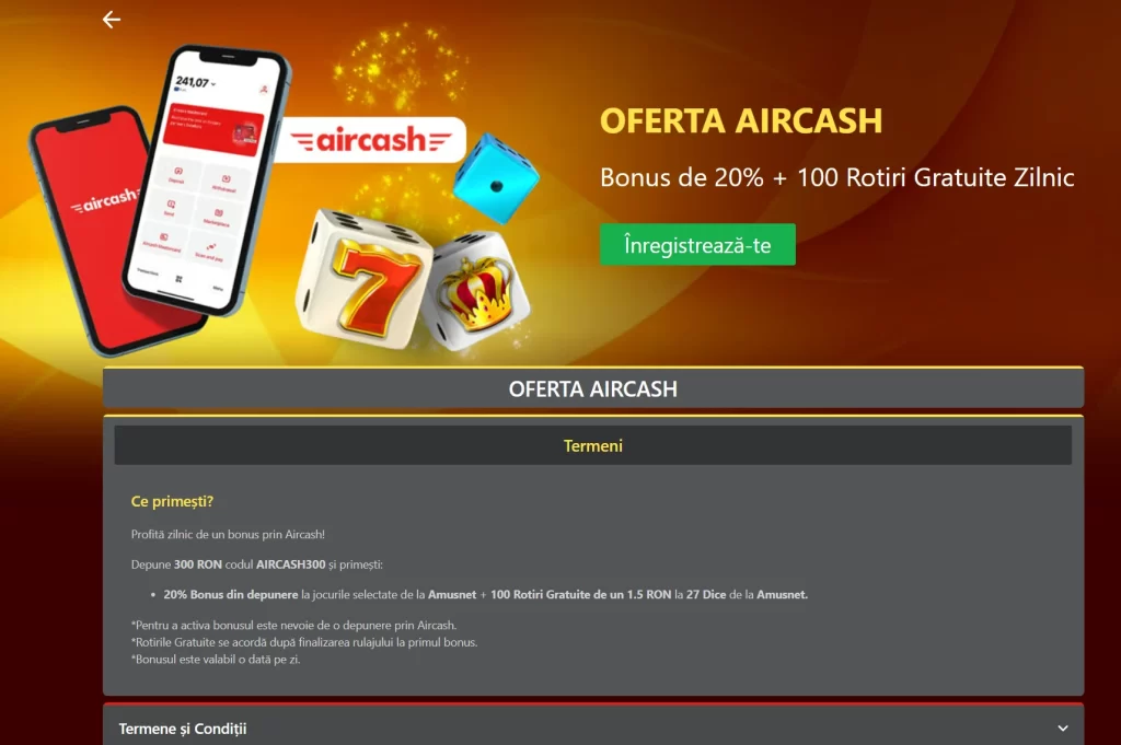 Zi de zi câștigi bani bonus + free spins în oferta Aircash Winbet Casino