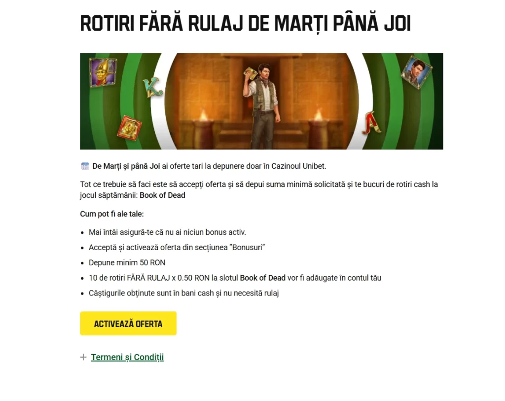 Cum pot primi 10 rotiri gratuite fără rulaj la Unibet Casino
