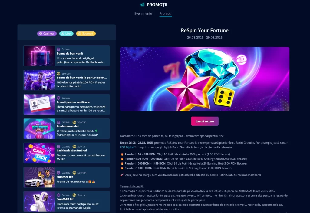 Cum pot revendica promoția în care aleg 30% bonus sau 50 rotiri gratuite la Mr Bit Casino