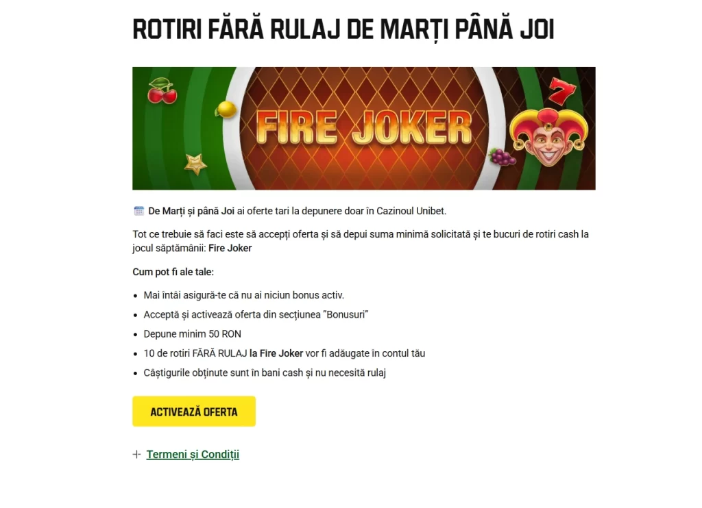 Cum primesc 10 rotiri gratuite fără rulaj la Unibet Casino