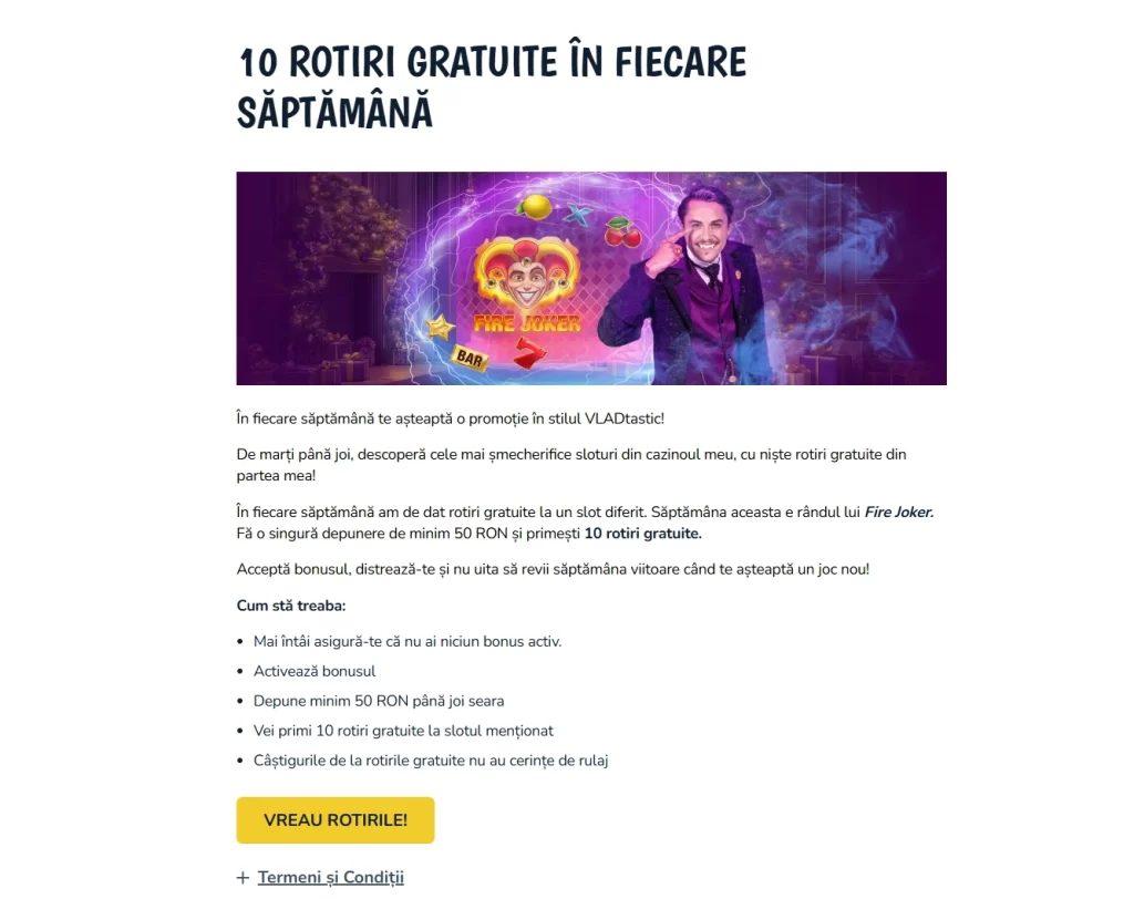 Cum primesc 10 rotiri gratuite fără rulaj la Vlad Cazino