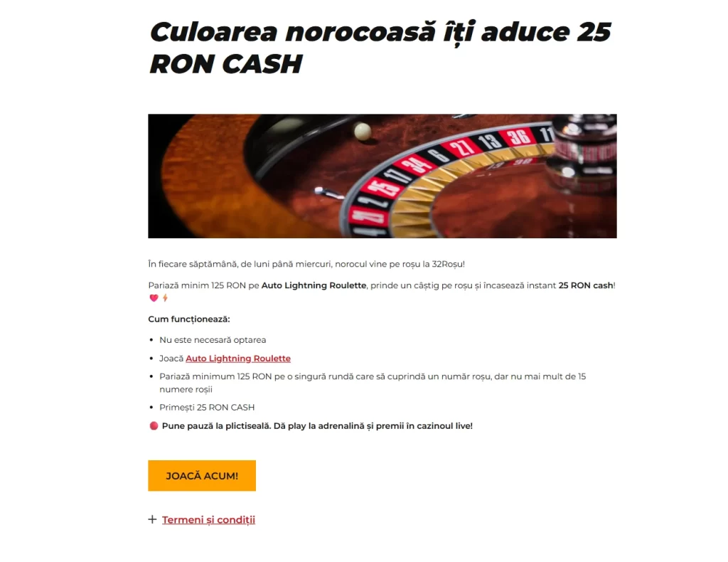 Cum primesc 25 RON cash la 32Roșu Casino la jocurile de ruletă