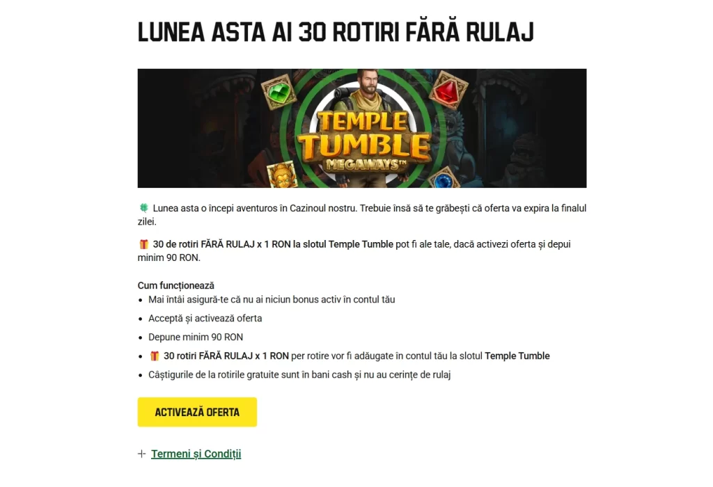 Cum primesc 30 de rotiri gratuite fără rulaj la Unibet Casino