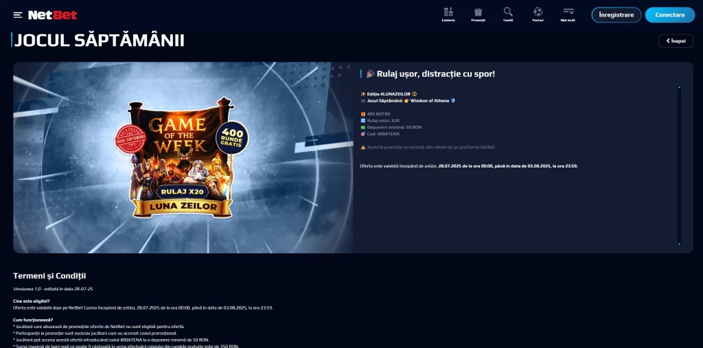 Cum primesc 400 de rotiri gratuite la NetBet Casino până pe 3 august