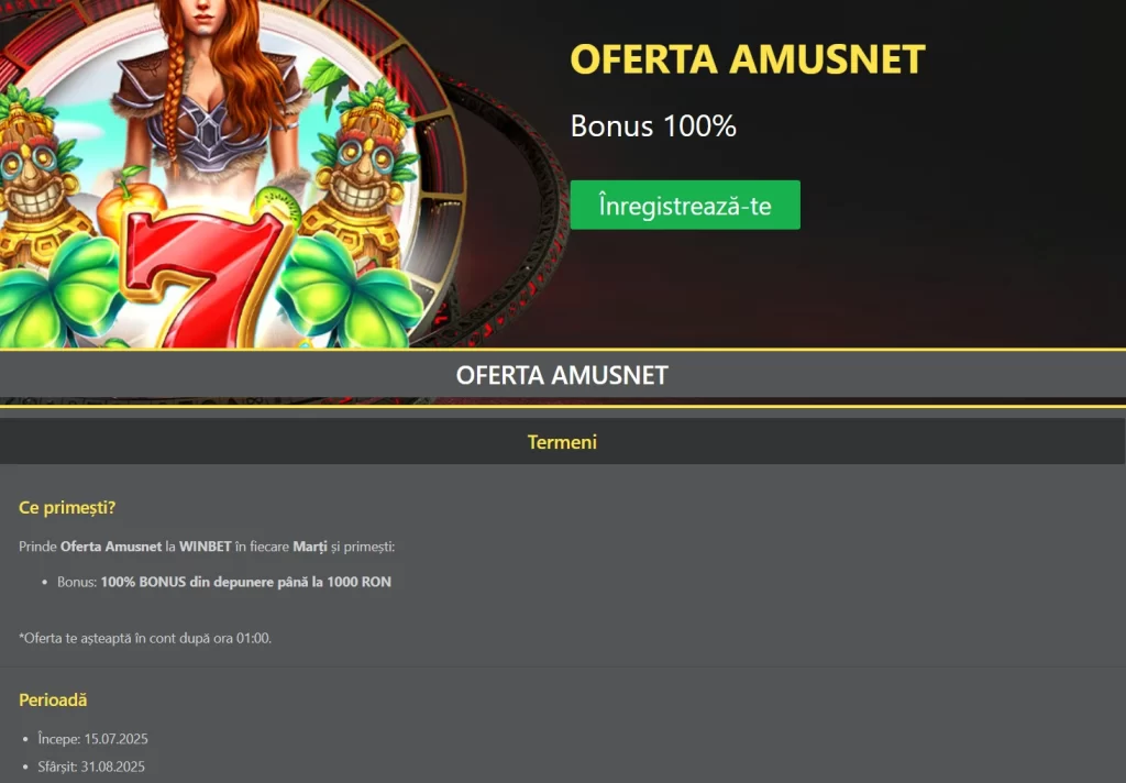 Cum primesc un bonus de 100% la Winbet Casino