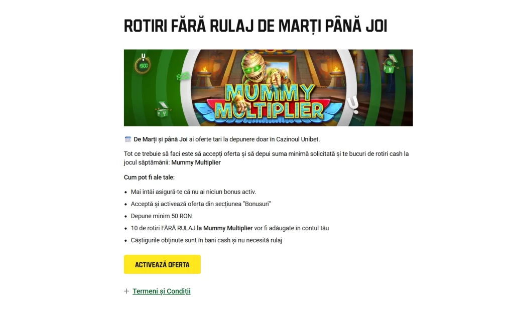 10 rotiri gratuite fără rulaj la Unibet Casino