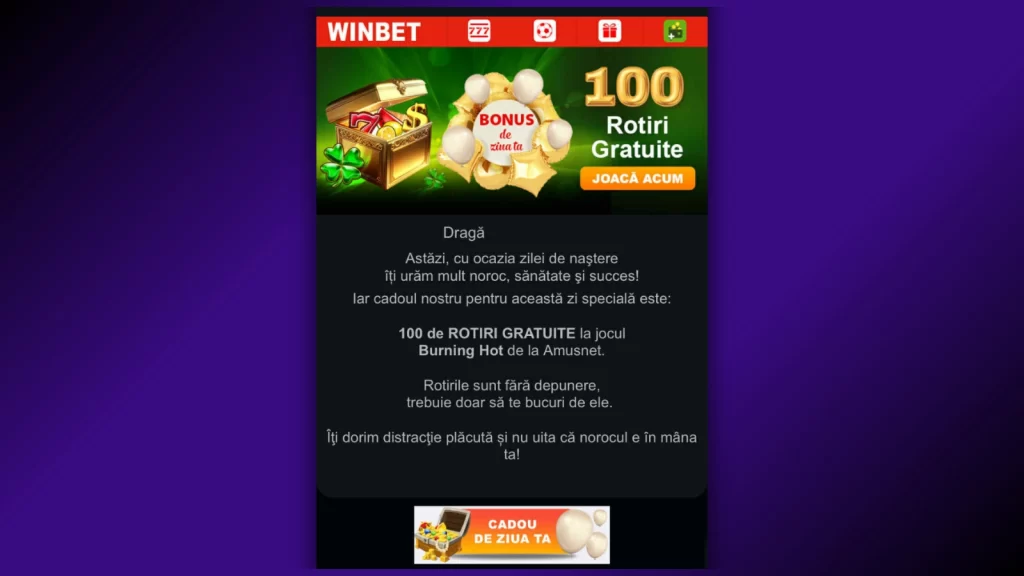 100 rotiri gratuite bonus aniversar Winbet