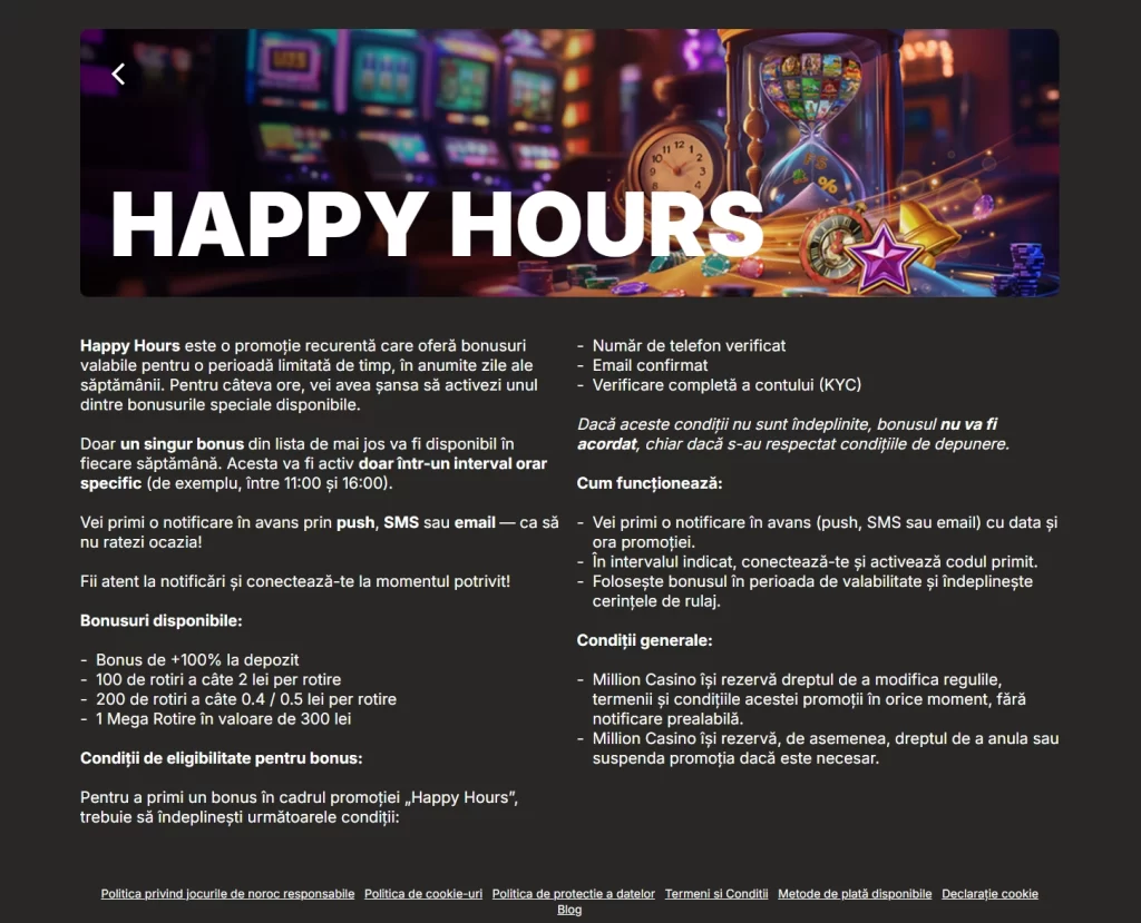 Cum funcționează oferta Happy Hours Million Casino în care primești rotiri gratuite