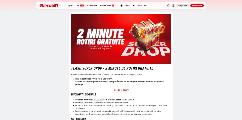 Cum primesc cele 2 minute de rotiri gratuite nelimitate la Superbet Casino
