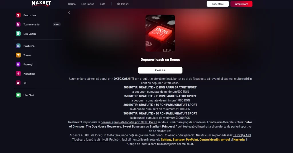 Cum primești rotiri gratuite + freebet la sport la Maxbet Casino dacă depui prin Okto.Cash