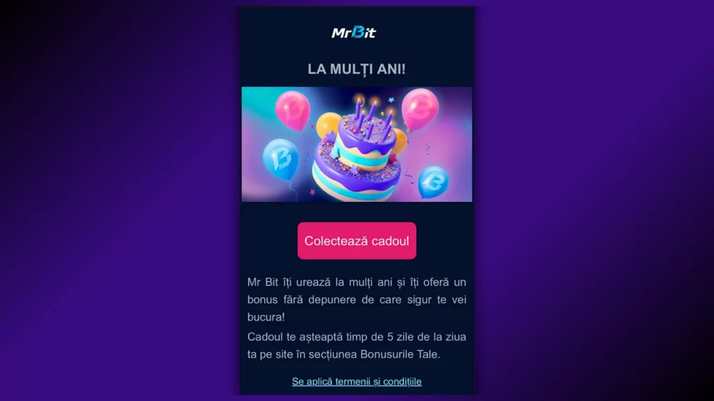 Premiu personalizat bonus aniversar Mr Bit