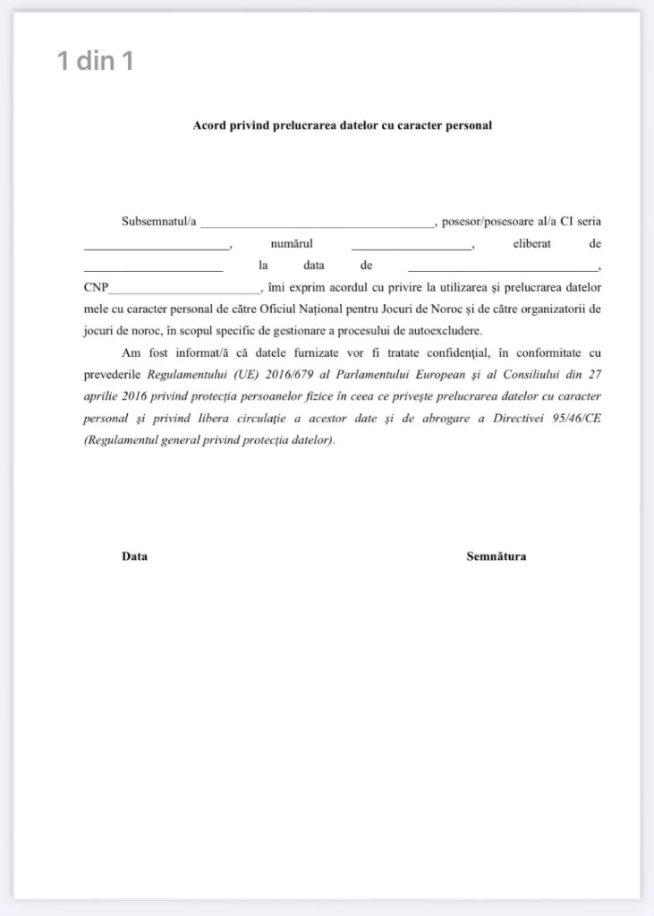 Cerere Autoexcludere ONJN model