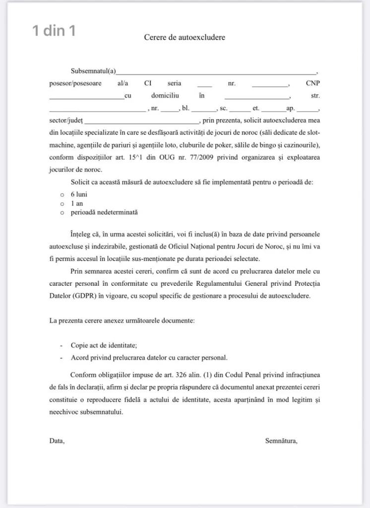 Cerere Autoexcludere ONJN model